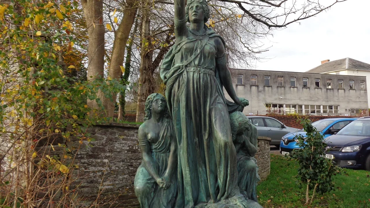 Modern statue of Boudica and her children near Brecon Library in Wales.