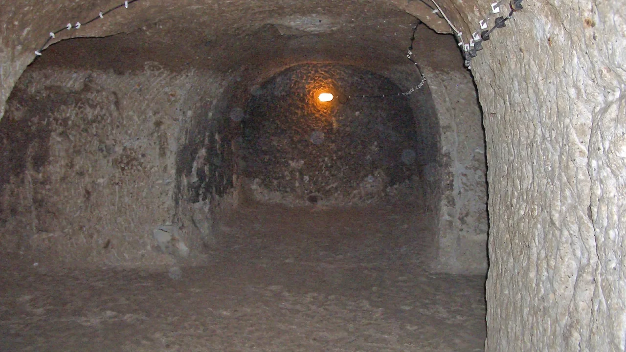 Rock-cut passage inside Derinkuyu Underground City in Cappadocia, Türkiye.