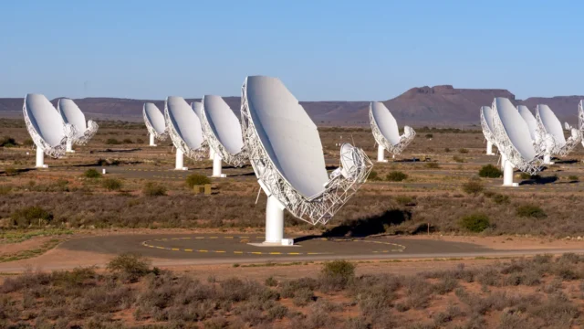 MeerKAT telescope array in South Africa. Observatory photograph, not an image of the radio-emitting planet.