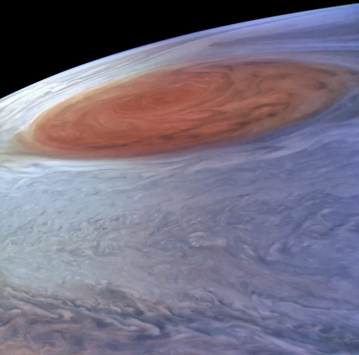 Enhanced-color view of Jupiter’s Great Red Spot from Juno Perijove 7, processed by Andrea Luck.