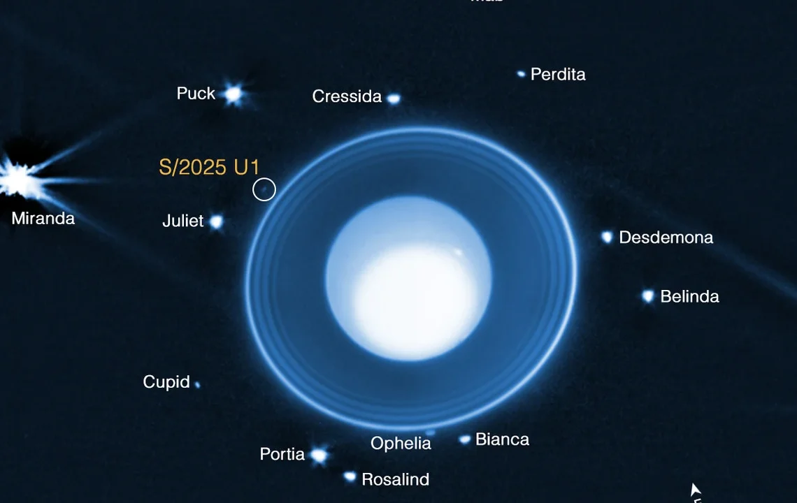 Annotated Webb NIRCam composite showing Uranus, rings, known moons, and S/2025 U1. Color is assigned to infrared data.