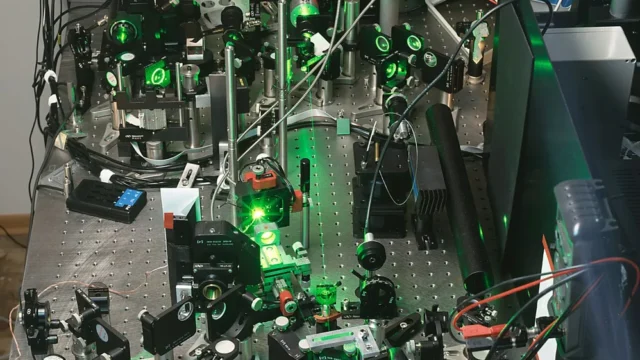 Laser laboratory equipment, used as a contextual image rather than a picture of entanglement.