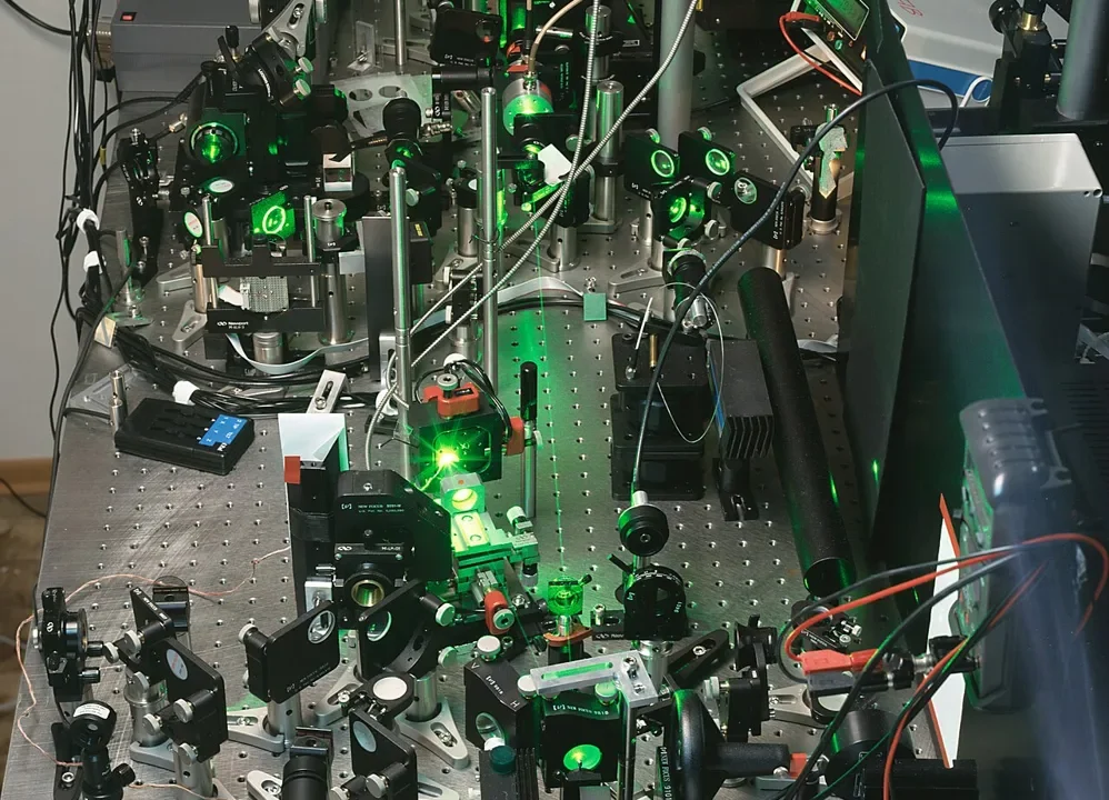 Laser laboratory equipment, used as a contextual image rather than a picture of entanglement.