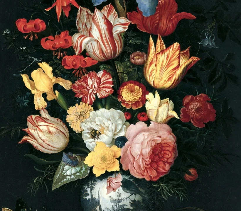 Flower still life with shells and insects by Balthasar van der Ast. Public-domain art context, not Gertrude Abercrombie’s auctioned painting.