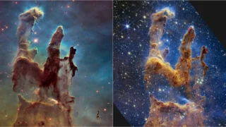Hubble visible-light view at left and Webb NIRCam infrared view at right of the Pillars of Creation.