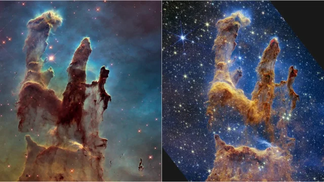 Hubble visible-light view at left and Webb NIRCam infrared view at right of the Pillars of Creation.