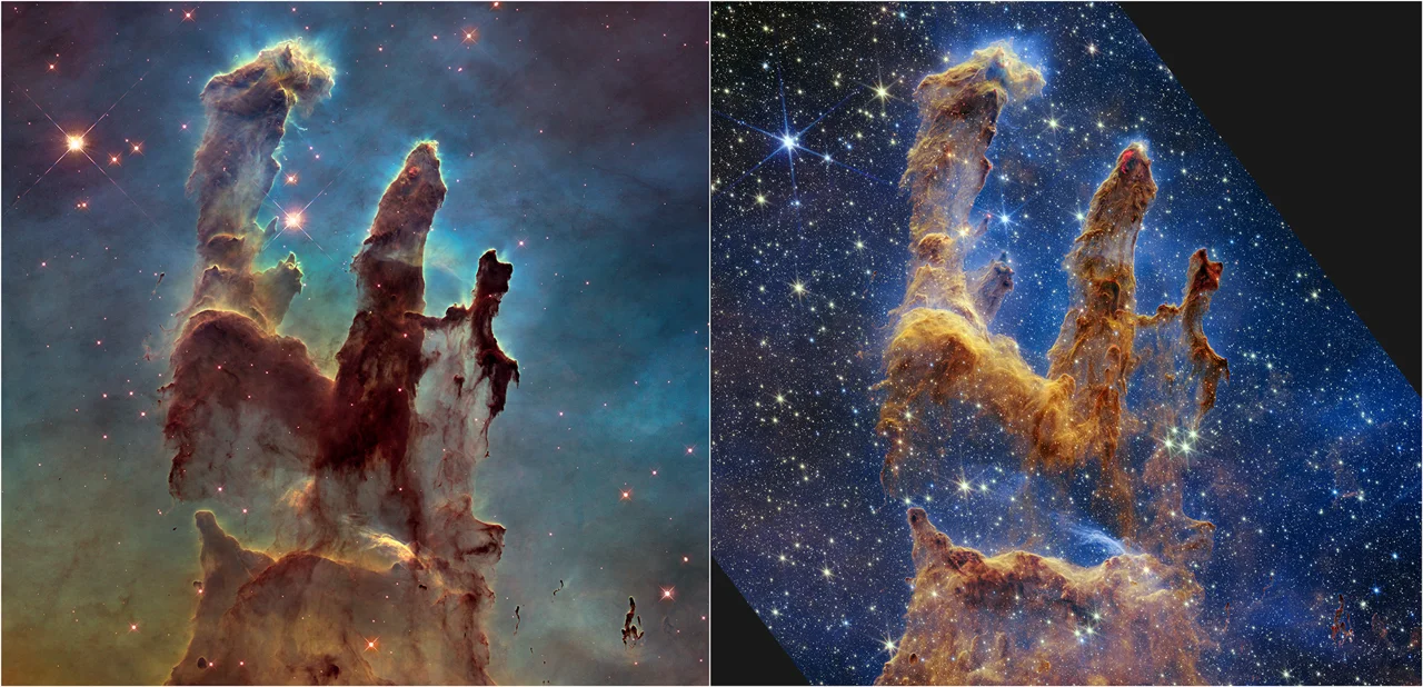 Hubble visible-light view at left and Webb NIRCam infrared view at right of the Pillars of Creation.